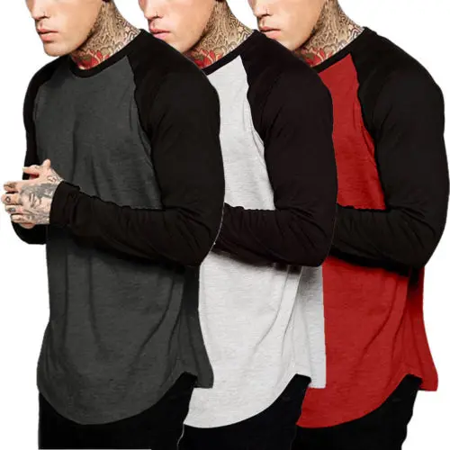 Fashion Men Slim Fit O Neck Long Sleeve Muscle Tee Casual Patchwork T-Shirt Casual Leisure Wear Long Sleeve