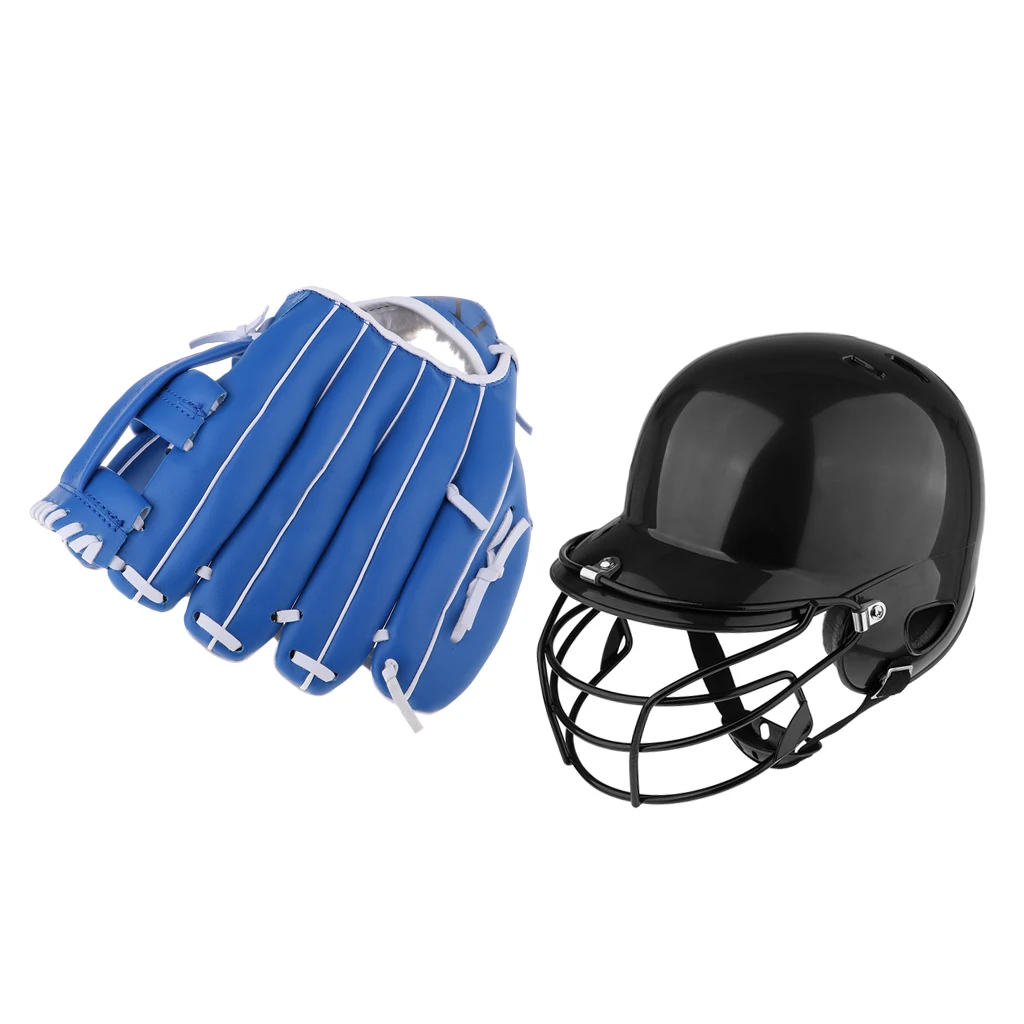 1 Set Black Baseball Bating Helmet Softball Compact Mask & Blue Baseball Softball Thicken Gloves Softball Catching Mitts