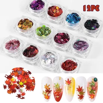 

12 Color Autumn Design Maple Leaf Nail Sequin Spangles for Xmas Nail Art Flake Applique Decoration Sequins Set
