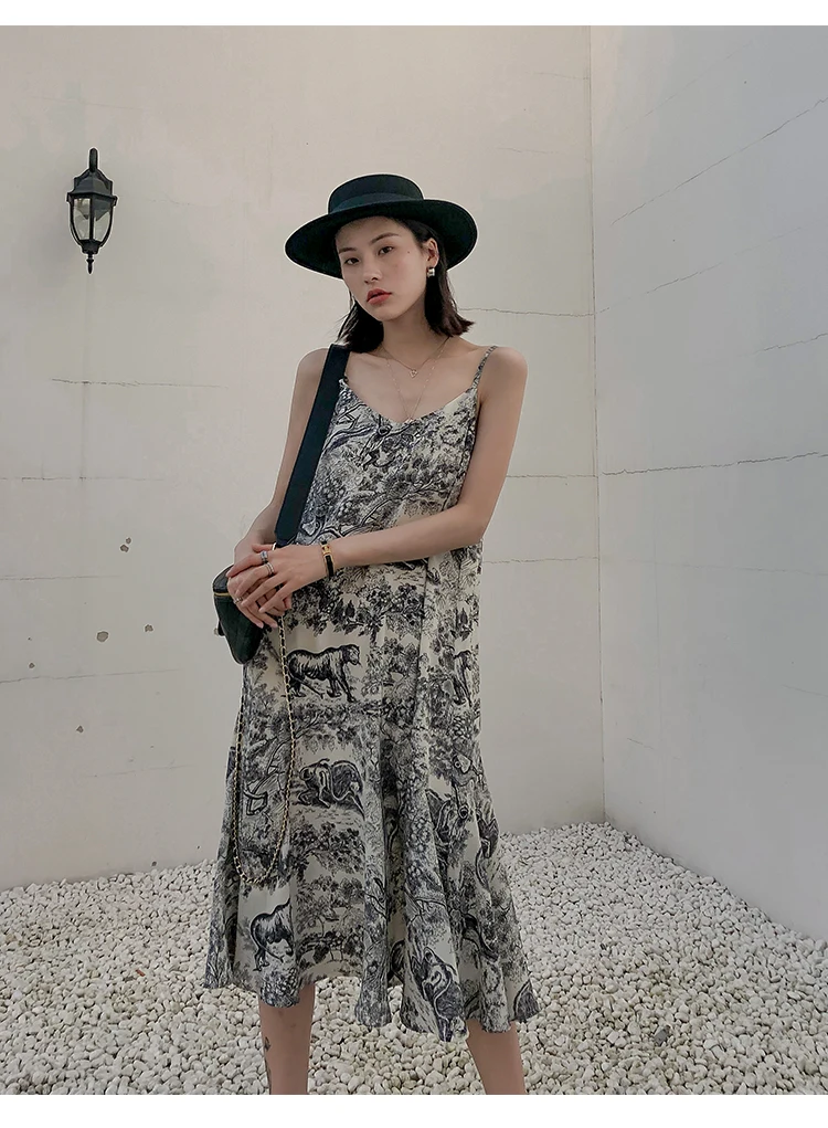 Chic women's high quality elegant slip dress Holiday style animal print chiffon dress B283