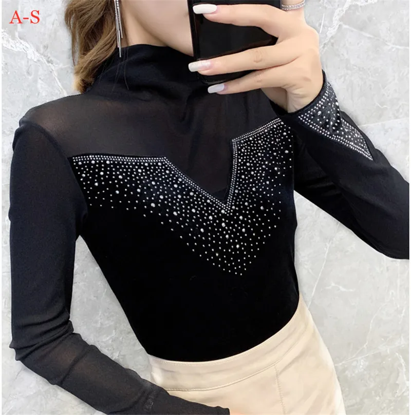 

2019 Autumn and Winter New Heavy Craft Diamond Mesh Splicing Fashion Foreign Gas Wild Female Basic Shirt