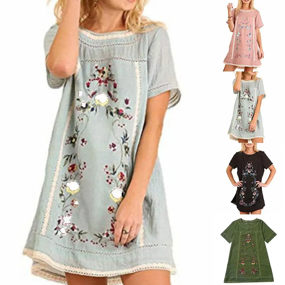 

Boho Women Solid Color Short Sleeve Floral Embroidery Loose Blouse Mini Dress