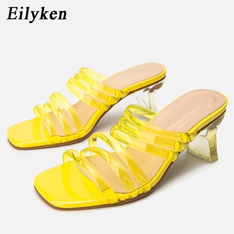 Yellow Eilyken/Модные прозрачные резиновые босоножки из ПВХ зеленого змеиного цвета; женские шлепанцы без задника с прозрачными узкими ремешками и прозрачными каблуками; летняя пляжная обувь - Цвет: Yellow