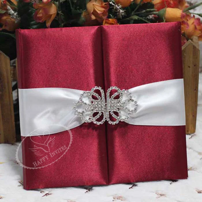 HI2003-115 Custom Silk Folder Wedding Invitation in Wine Color with White Ribbon & Silver Booch Made in China More Colors Available