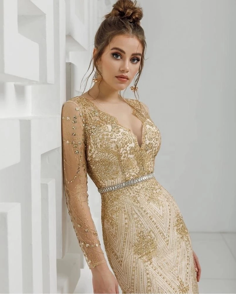 New Golden Long Sleeve Evening Dress Mermaid Elegant Luxury Beading Lady Formal Prom Gowns Vestidos de fiesta