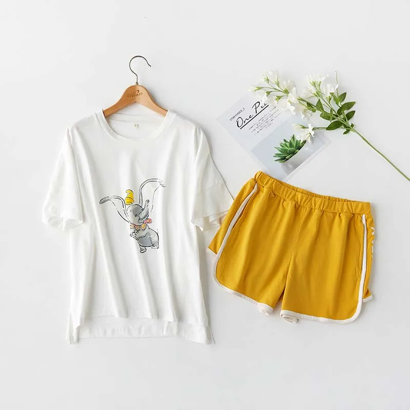 Summer Cotton White T-shirt Cartoon Printing Pajamas Short Sleeve Sleepwear Shorts 2 Piece Women Wear Loungewear Home Clothes