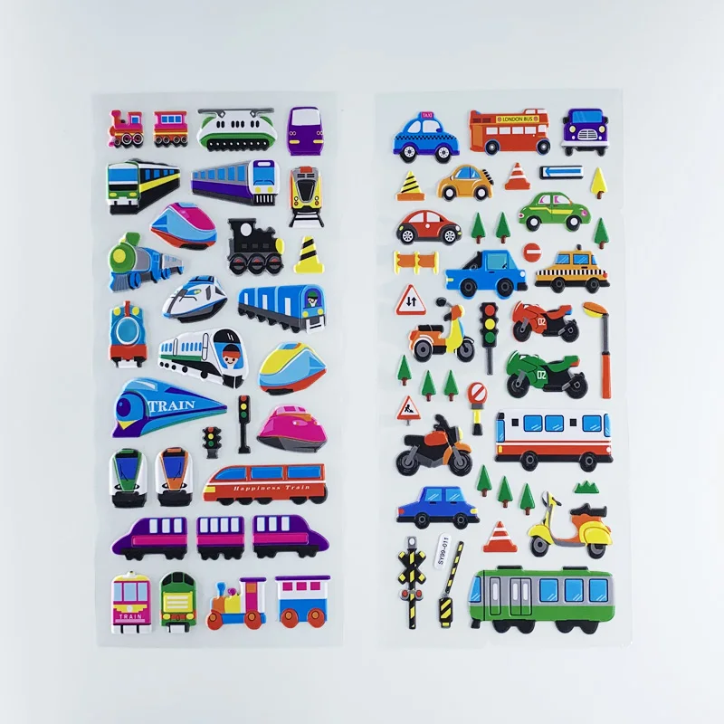 3D Cartoon Stickers 3 Sheets/Set Kids 3D Cartoon Transportation Cars Train Plane Stickers For Boys DIY Bubble PVC Scrapbook Sticker Learning Toys