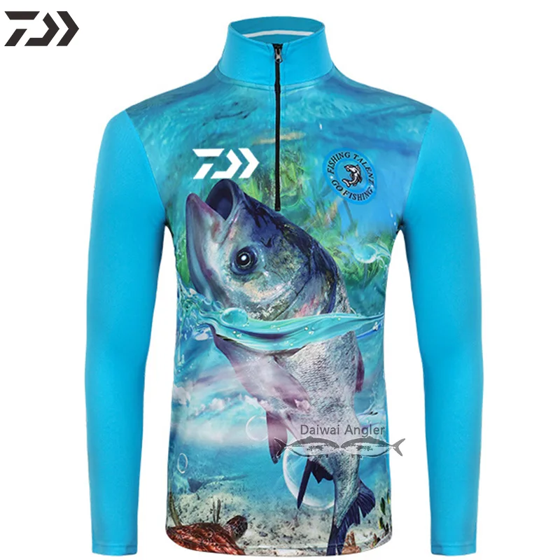Daiwa Водонепроницаемая быстросохнущая одежда для рыбалки, Мужская полиэфирная рубашка с длинным рукавом для велоспорта, рыбалки, Майки с воротником-стойкой - Color: Blue