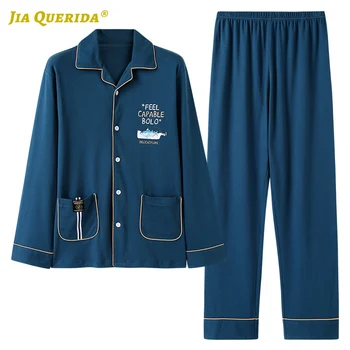 

New Letter Printing Long Sleeve Long Pants Sleepwear Fashion Style Casual Style Turn Down Collar Pajamas for Man Front Pocket