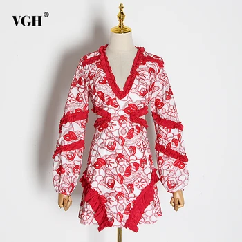 

VGH Print Hollow Out Dress V Neck Long Sleeve High Waist Patchwork Ruffle Dresses Female 2020 Summer Fashion New