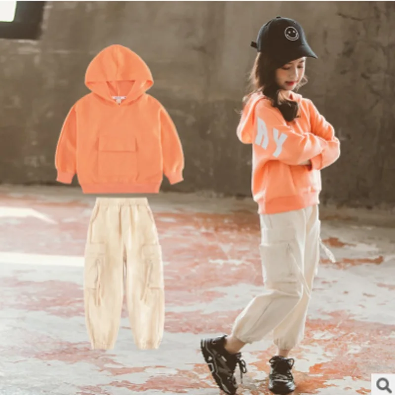 

Children 's Hoody Cargo Pant Clothing Set New 2020 Spring/Autumn Girls 2 Letter Colors Size4-14 Kids Clothes Sets 2 piece ly470