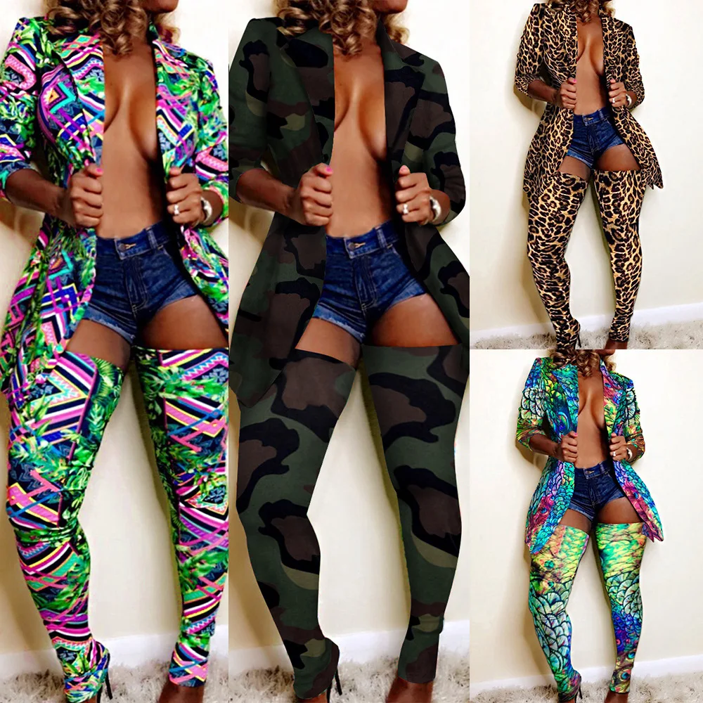 Zaggin 2021 Autumn Hot Women Printed 4-colors Plus Size Sets Sexy Turn-down Collar Full Sleeve Coat Long Pantyhose 2-Pieces |