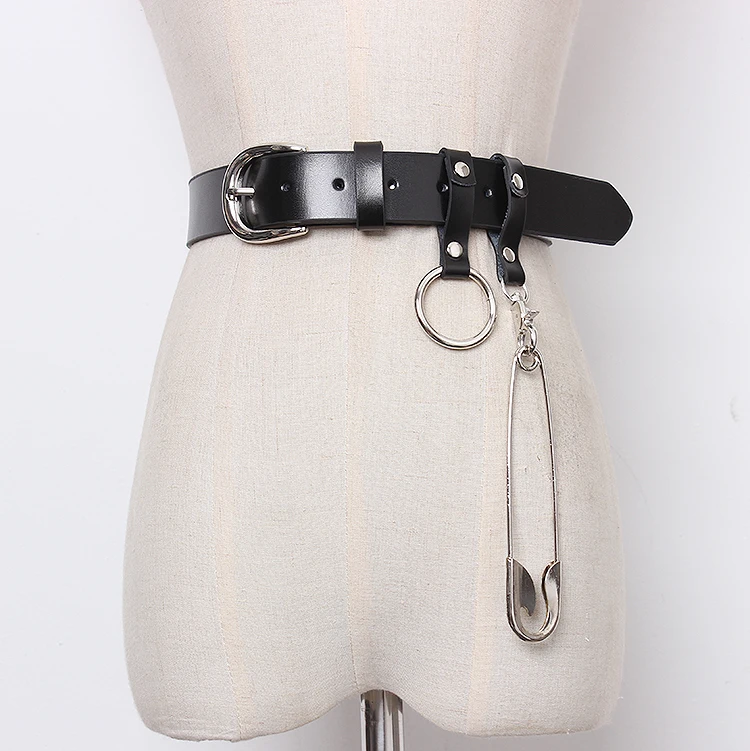 Genuine Cow Leather Women Belt Ring Metal Chain Punk Waist Belt Big Metal Pin Hip Hop Belts Women Pant Jean Corset Belt Girdle
