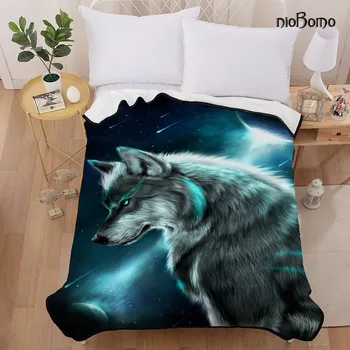 

niobomo New 2020 Fashion plaid bedspread blankets for bed high quality blanket 3D 100%Polyester Wolf in the moonligh patter 150