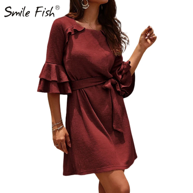 

New Autumn Elegant Women Ruffle Office Sashes Dress 2019 Lady Party Three Quarter Stack Up Ruffles Flare Sleeve Dress Robe GV637