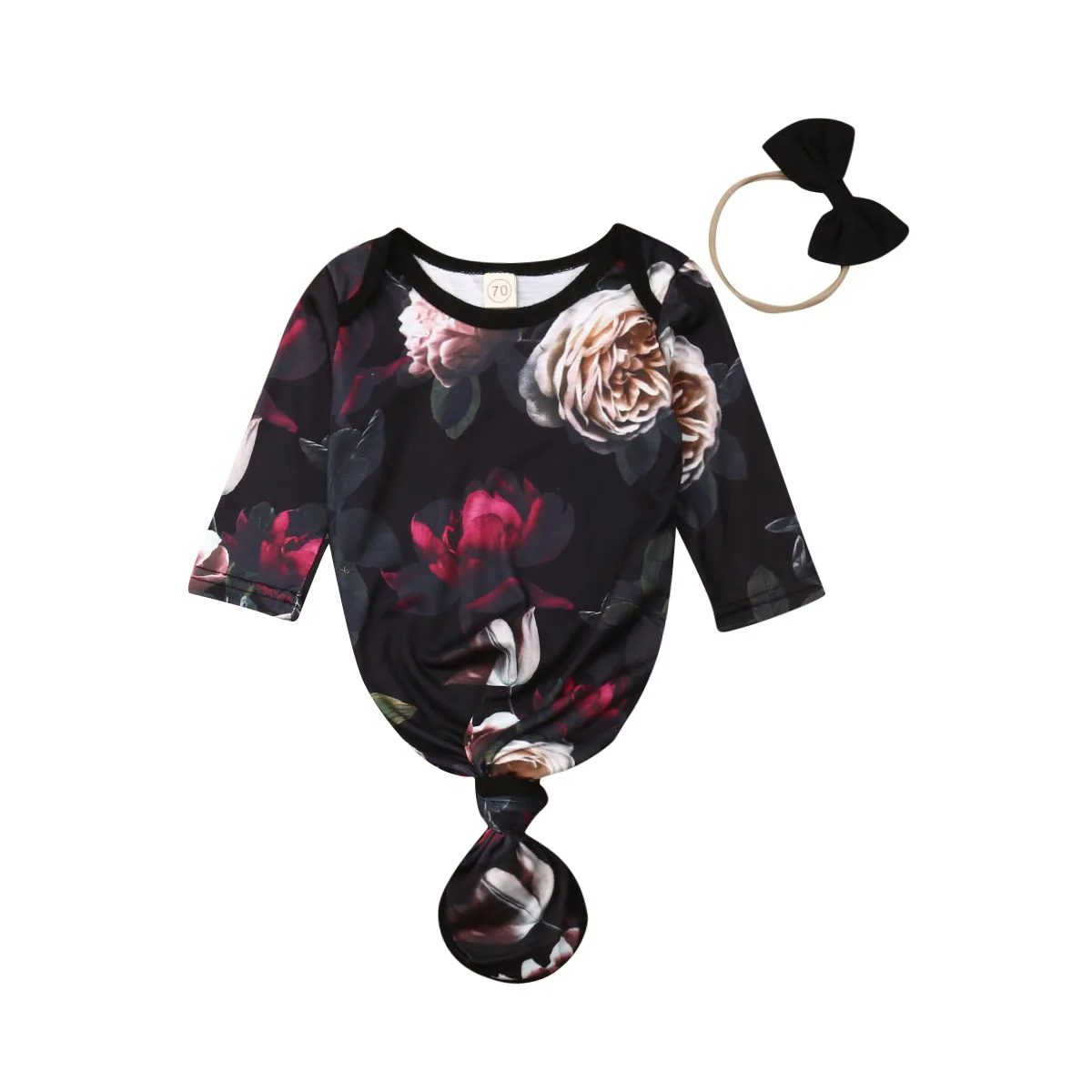 Пеленальное Одеяло для новорожденных; черное ночное белье с круглым вырезом и длинными рукавами с цветочным рисунком; спальный мешок; повязка на голову; халаты; 2 предмета - Цвет: Черный