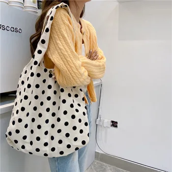

Korean style wave point tote bag female student simple retro art canvas bag single shoulder bag for girls