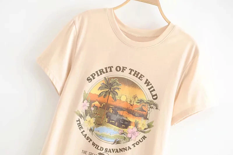 KIYUMI Tshirt Women Coconut Tree Pattern Print Summer TShirt O-Neck Short Sleeves Tops Casual Cotton Beige Women Tops and Shirts