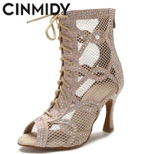 CINMIDY New Sexy Dance Boots Belly Dance Latin Jazz Pole Dance Shoes Breathable Soft Sole Sandals Women Rhinestone High Heels