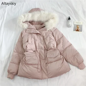 

Parkas Women Winter Thicker Warm Hooded Fur Collar Simple All-match Korean Style Leisure Daily Parka Womens Soft Trendy Coats