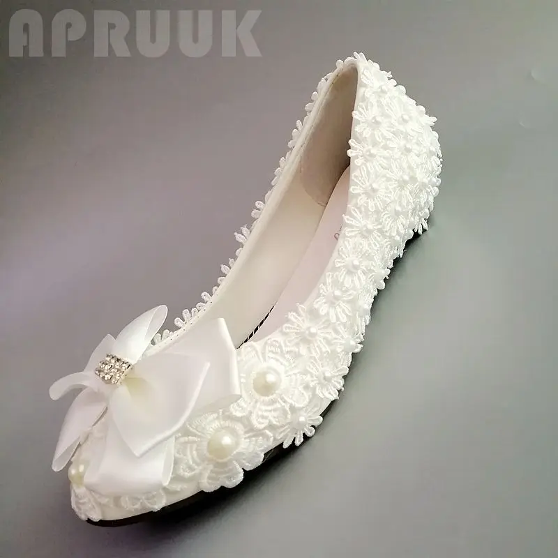 Кружевные туфли-лодочки на танкетке 3 см свадебные туфли для невесты с жемчугом цвета слоновой кости вечерние женские туфли с бантиком и бантиком