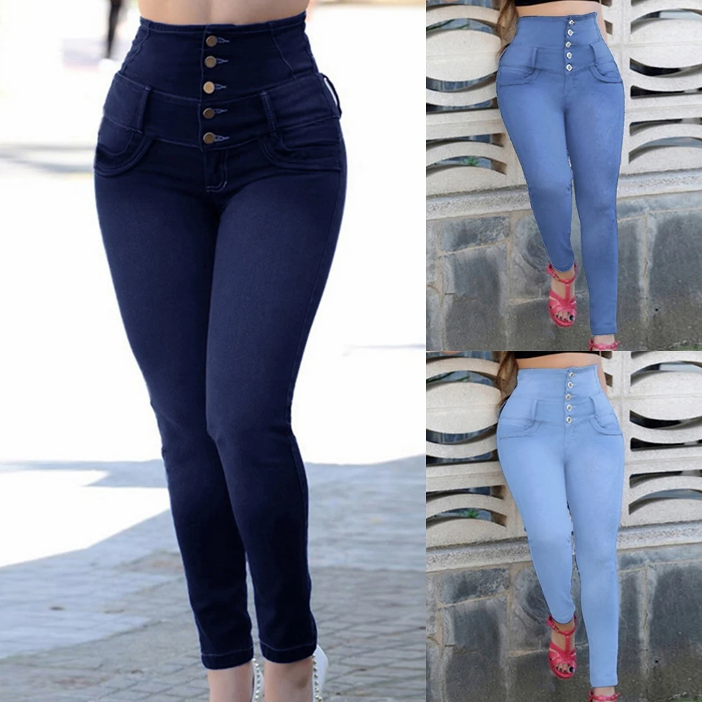 Женские джинсы с высокой талией, на пуговицах, женские брюки, тонкие, эластичные, размера плюс, Стрейчевые джинсы размера плюс, джинсовые, синие, узкие брюки-карандаш