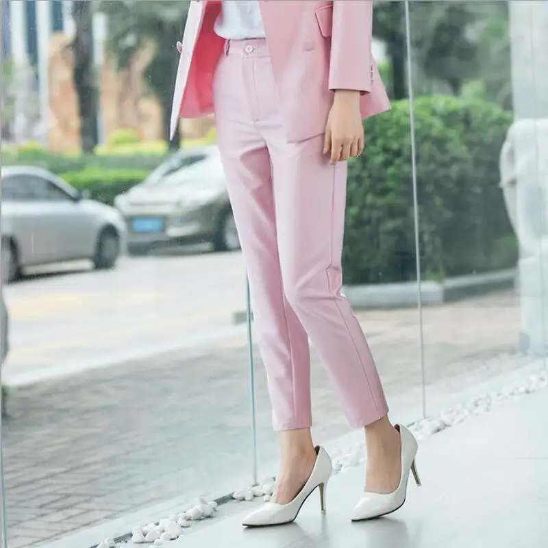 New Office Work Blazer Suits Of High Quality OL Women Pants Suit Blazers Jackets With Trouser Two Pieces Set Red Pink Blue - Цвет: Pink pants