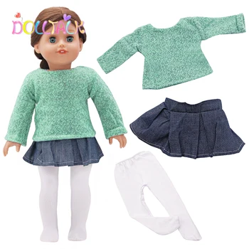

Doll Clothes Suit(Sweater+Denim skirt+Leggings) Set For 18Inches American And 43Cm New Bron Baby Dolls Accessories