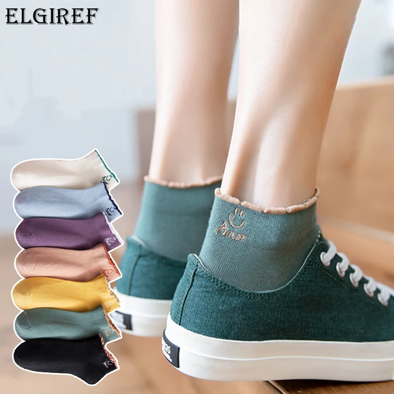 

Women Cotton Socks Casual Harajuku Solid Girls Cute Sock Female Fashion Multicolor Embroidered Smile Short Sox Streetwear