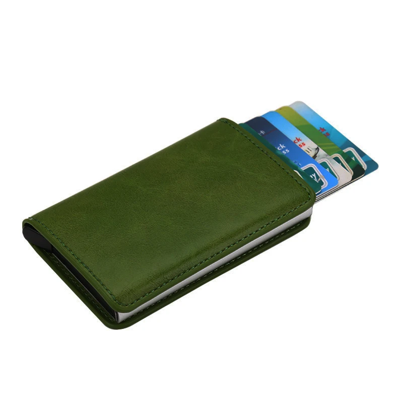 Армейский зеленый RFID Blocking Credit Card Holder Genuine Leather Men ID Card holder Mini Wallet Vintage Metal Automatic Anti-theft Card Wallet - Цвет: Армейский зеленый