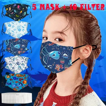 

5PC Mask10Filterr Kids Children Cartoon Ocean Fish Prints Outdoor Mask Reusable Breathable Outdoor Cycling mascherine Masque