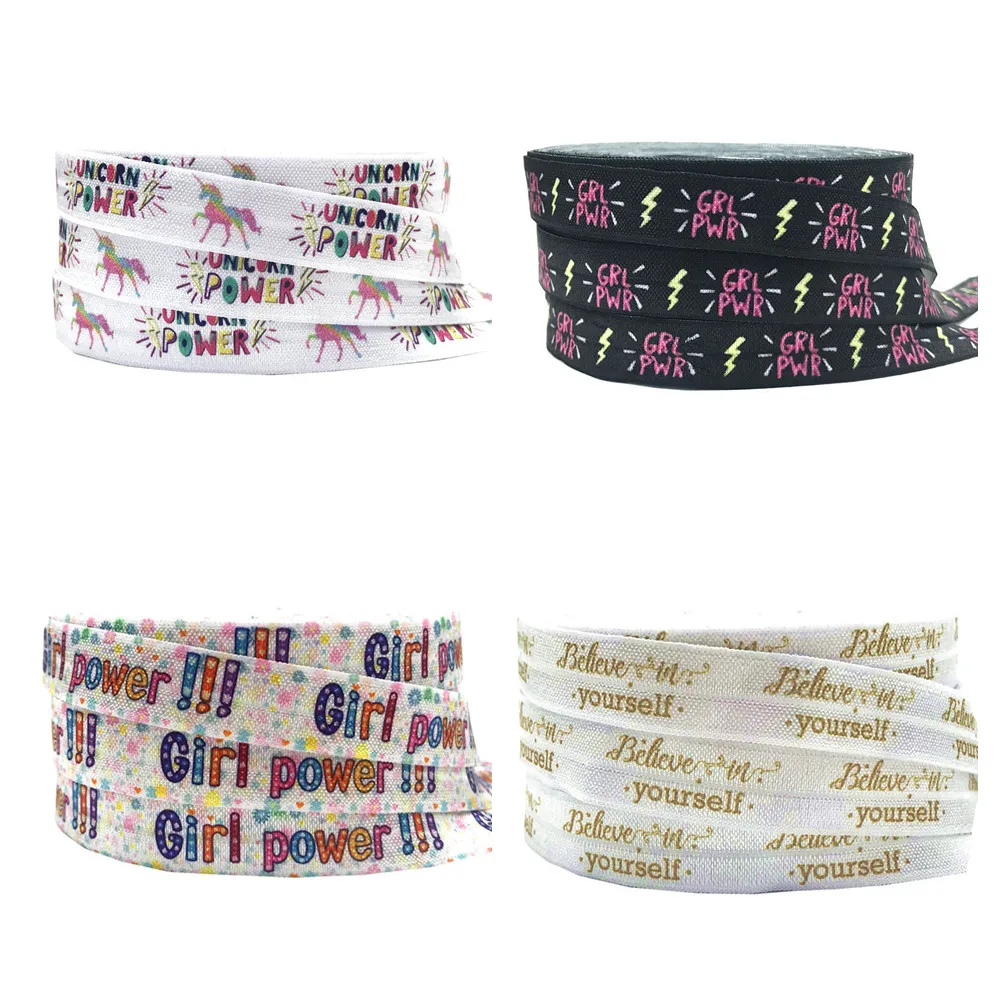 10Y Believe in yourself Print Fold Over Elastic 16mm Girl Power FOE Ribbon for Girl/unicorn Hair Tie DIY Headwear Accessory | Дом и сад