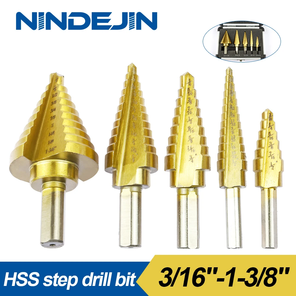 

NINDEJIN 5pcs Step Drill Bit Set 1-3/8"-3/16" HSS Titanium Coated Stepped Cone Drill Bits Set for Metal Wood Steel Plastic