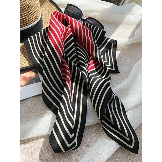 Шелковый шарф шейный платок женский Дамский супер модный полосатый принт квадратные шарфы головные аксессуары для волос 57x57 см - Цвет: Black Red