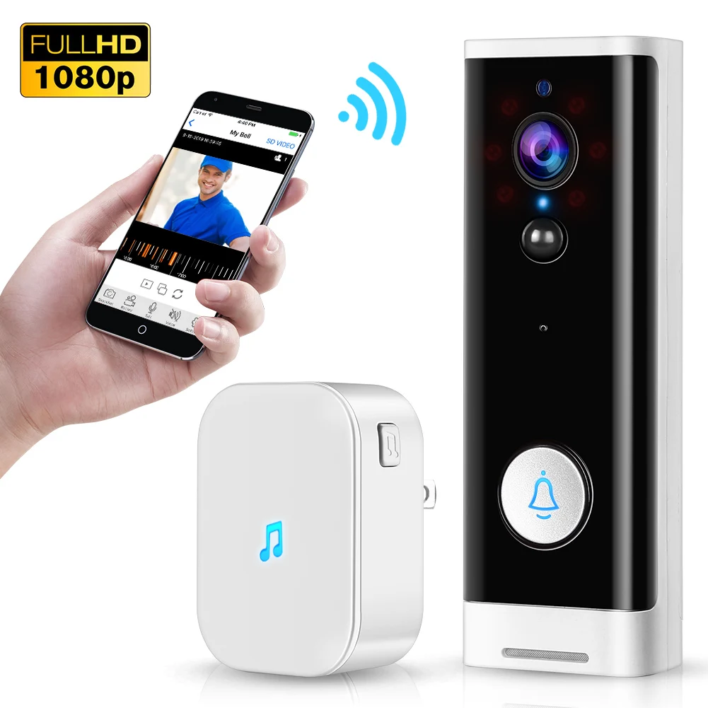Беспроводной дверной звонок 1080P Wi Fi умный двусторонняя связь детектор движения