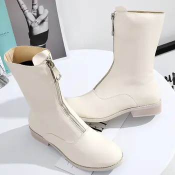 

Luxury Women Boots Genuine Leather Mid-Calf Shoes Platform Thick Heels Round Toe Boots Female Fashion Zipper Mesh Ladies Shoe DE