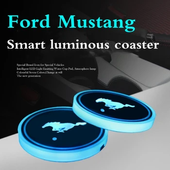 

2PCS CarMustang Logo LED Colorful Water Cup Mat Lights Seat Trim Accessories Car drink holder For T70T80EC60 F12 F99 EC30 Mustan