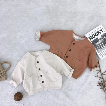 

Children'S Clothing Autumn New Kid Korean Pure Colored Coat Cotton Single-Row Button Top Collar-Less Casual Jacket