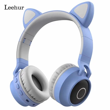

Leehur Wireless Headphones Bluetooth 5.0 Earphone Cute Cat Led Light Girl Wireless Earbuds with Microphone Stereo Bass Headset