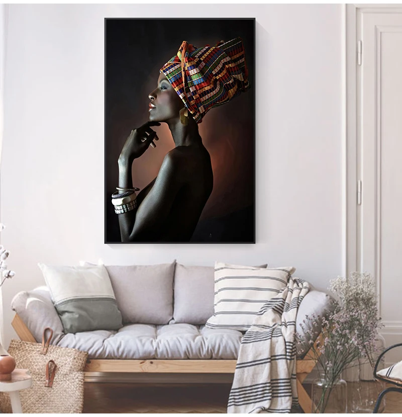Scandinavian Wall Art Picture for Living Room African Woman Indian Headband Portrait Canvas Painting Prints