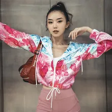 New Thin style Women Running Jacket Floral Printed Yoga Zipper Jackets Drawstring hem Sport Coat Fitness Outwear Tops