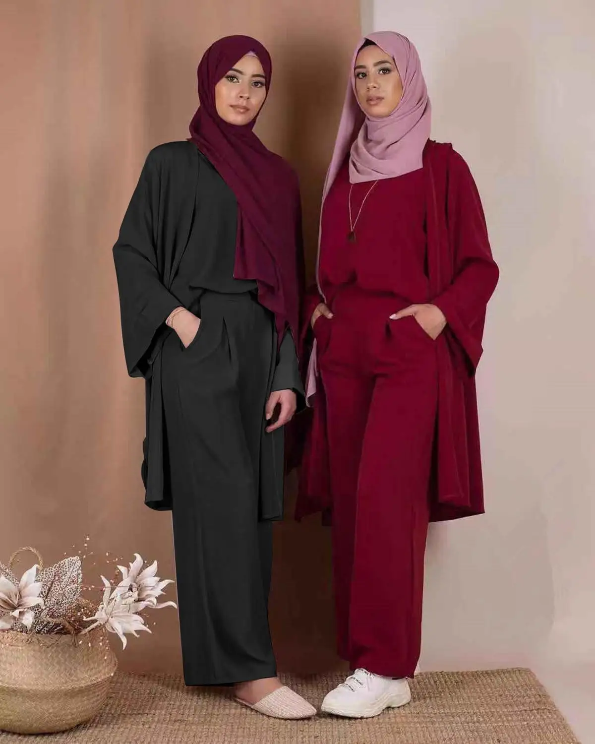 

Muslim 3pcs Suits Tops Pants Abaya Full Dress Hijab Cardigan Kimono Long Robe Gowns Katfan Middle East Ramadan Arab Islamic