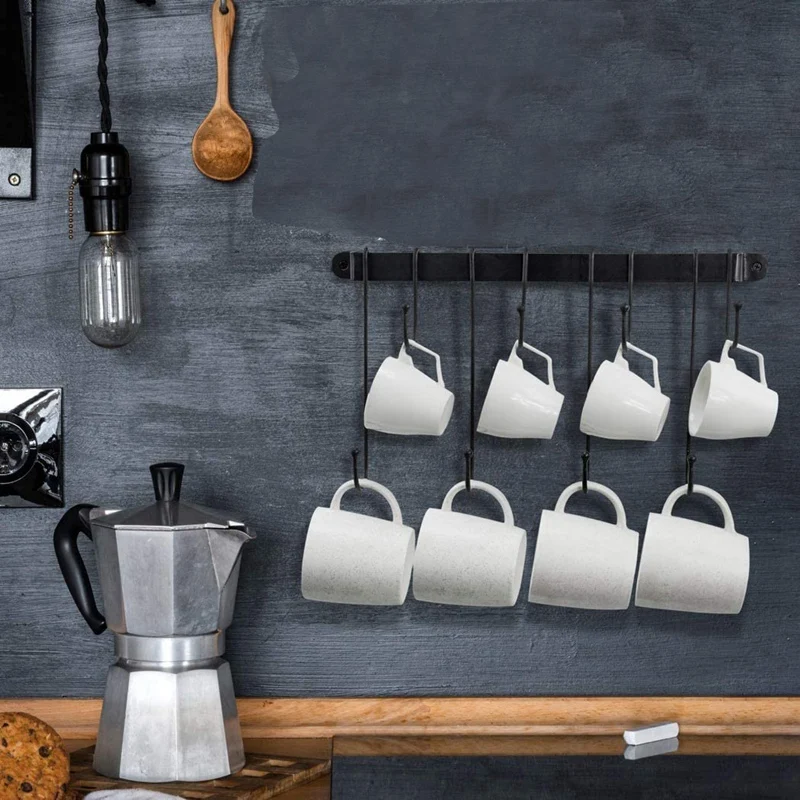 Hot Coffee Mug Rack Wall Mounted Coffee Cup Holder with Flexible Hooks for Mugs Teacups Kitchen Utensils(16 Inch/Black) cup storage holder