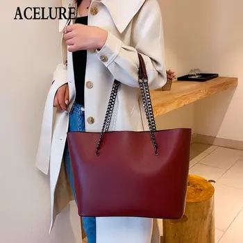 

ACELURE High Capacity Solid Color Women Casual Tote Bags Soft PU Leather Large Metal Chain Shoulder Bags Female Ladies Handbags