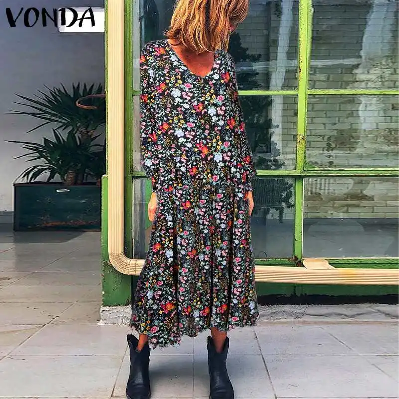 VONDA, осеннее платье с длинным рукавом для беременных, женское платье с круглым вырезом, винтажное платье макси с цветочным принтом, вечерние платья для беременных, богемное платье