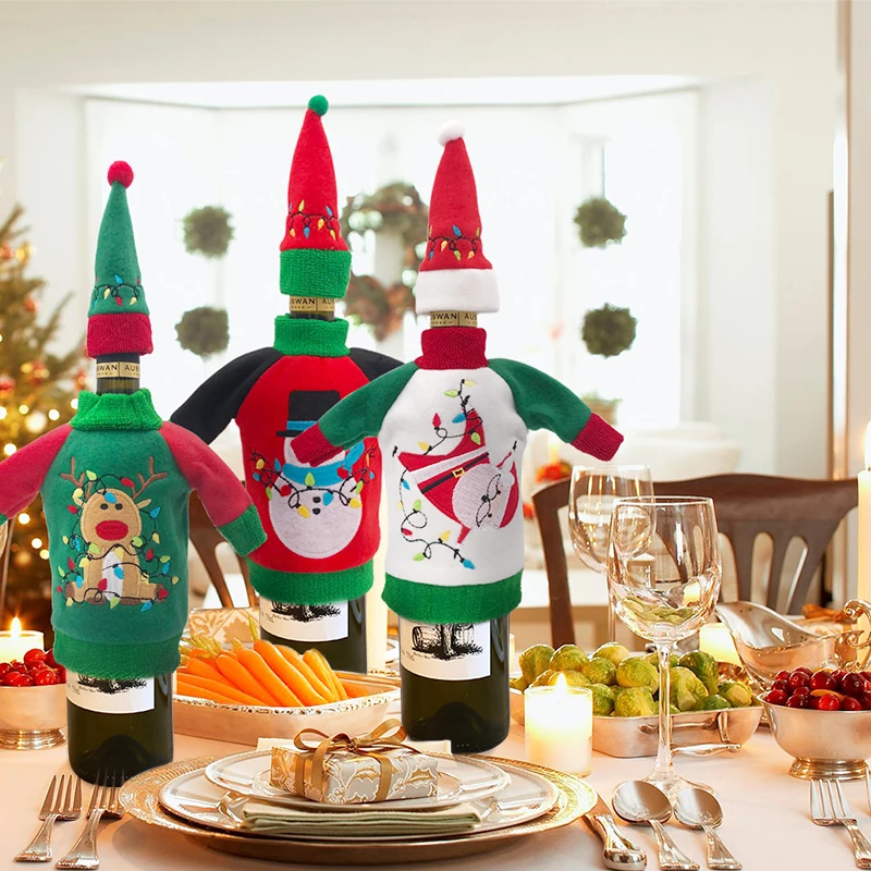 

Fowecelt Christmas Decor for Home Santa Claus Wine Bottle Cover Party Decoration New Year Goods Bottle Bag Table Decor Gifts