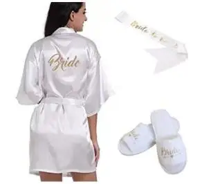 3pc set of glitter gold bride satin short bride robe slippers bridal sash peignoir women Bridal Party kimono robe