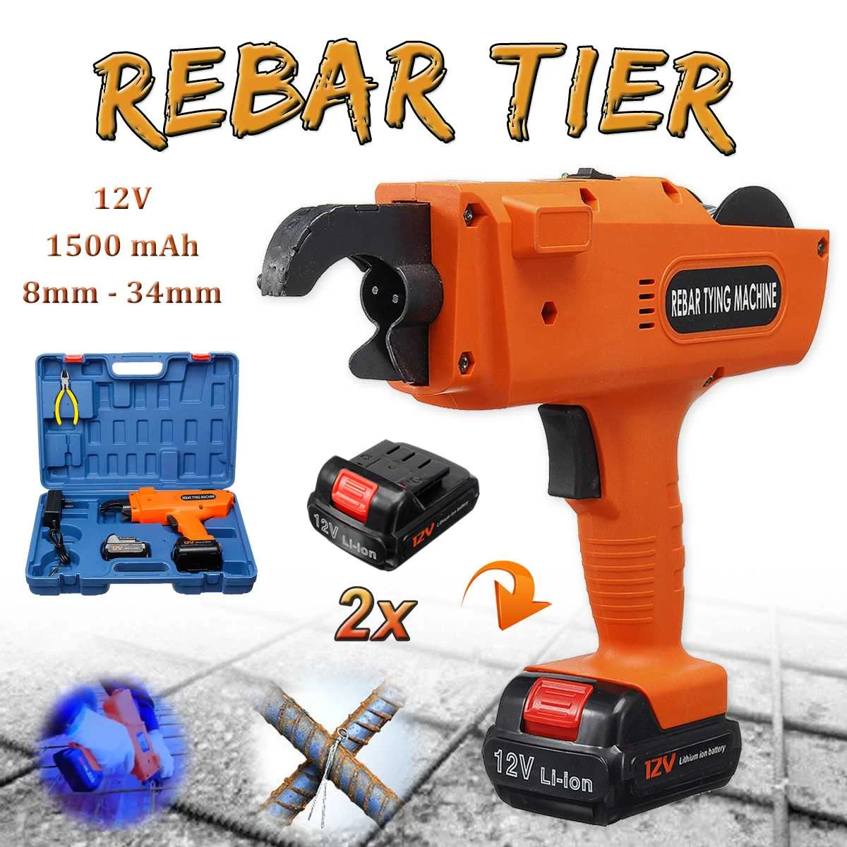 

12V Automatic Rebar Tying Machine Rebar Tier Binding Machine Wire Knoting Cordless 2XRechargeable Lithium Battery Electric Tool