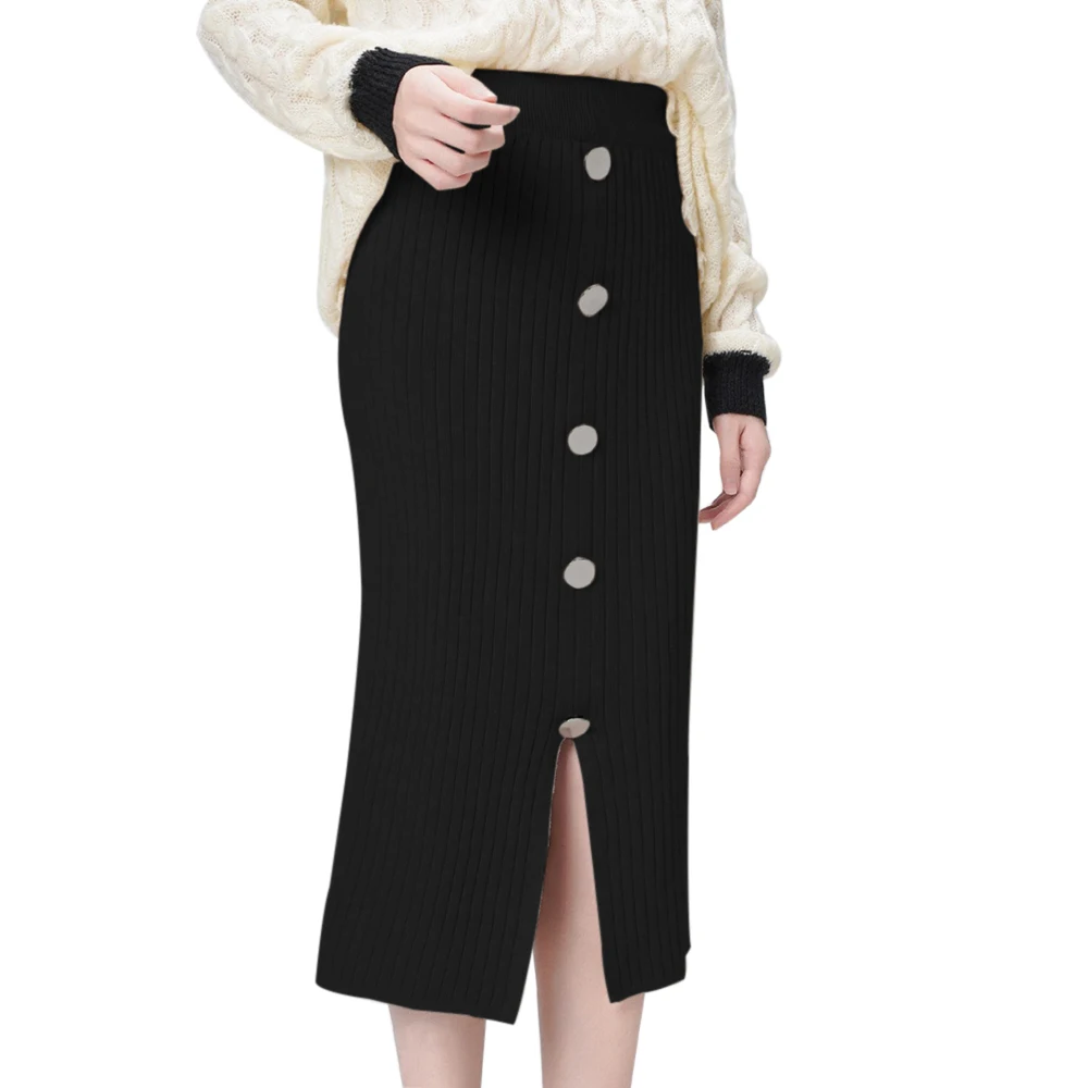 

OEAK 2019 Autumn Winter New Women High Waist Knitted Skirt Female Warm Skirt Long Solid Female Rib Skirts With Button