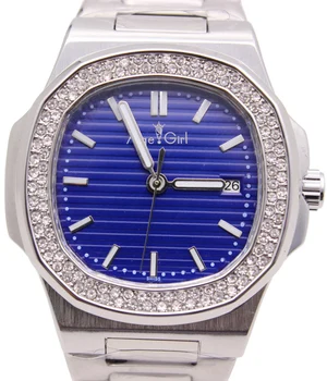 

Luxury Brand New Automatic Mechanical Men Watch 2 Rows Diamonds Transparent Glass Back Silver Black Blue Coffer Luminous Watches